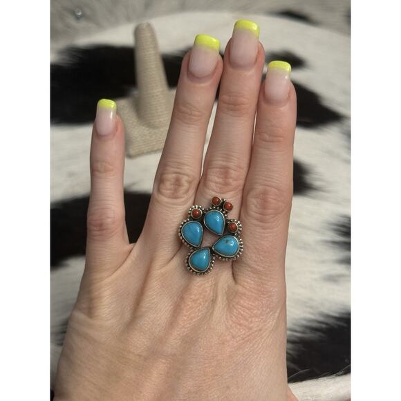 Native American Sterling Silver Blue Turquoise Red Coral Prickly Cactus Ring 9 - Picture 7 of 10